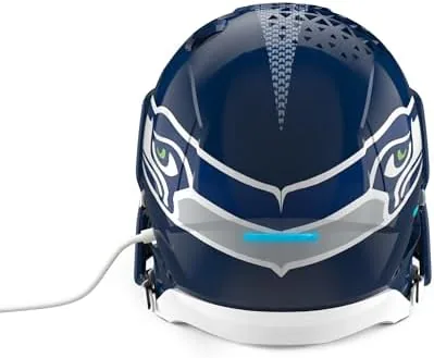 The Seahawks helmet stand on a shelf in a game room