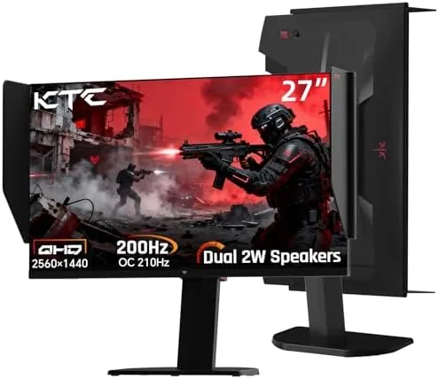 KTC 27M1 monitor on a desk with the shielding hood attached