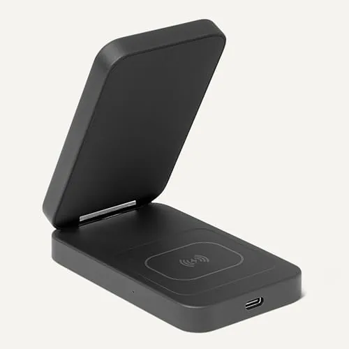 Detail shot of the Amazon Basics MagSafe Compatible Wireless Charging Station, 25W Max. Fast features