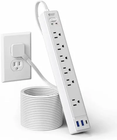 SUPERDANNY power strip with flat right angle plug seated flush against a wall outlet