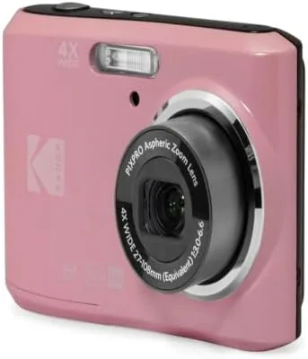 The pink KODAK PIXPRO FZ45 camera on a table with its lens extended