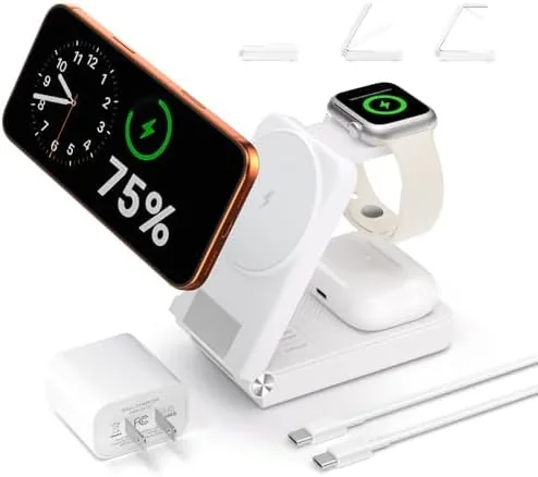 The foldable 3 in 1 magnetic charging station unfolded with an iPhone, Apple Watch, and AirPods on the three pads