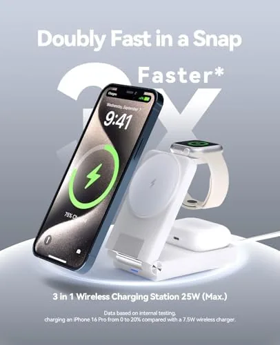 The charging station folded flat and held next to a smartphone to show its compact travel size