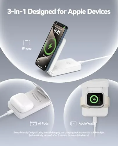 The charging station on a hotel nightstand with all three devices charging at night