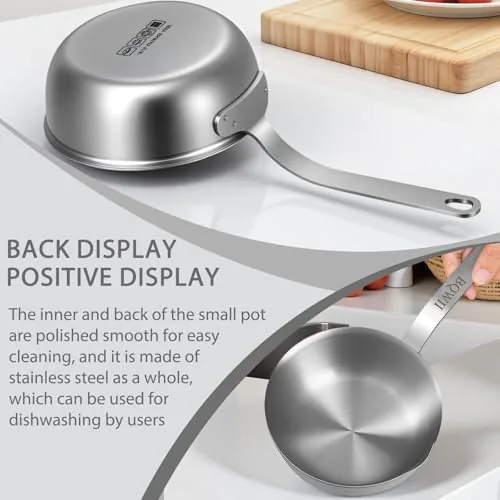 The steel butter warmer next to a ceramic mini pot and a non stick mini pot