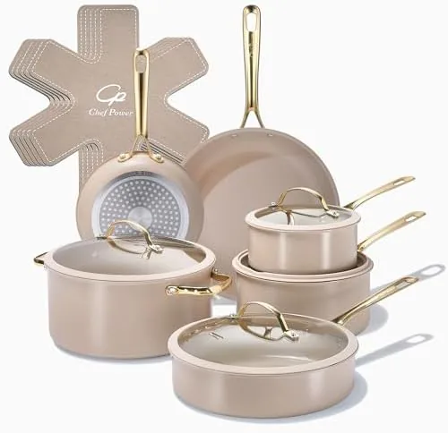 The full 15 piece ceramic cookware set arranged on a kitchen counter in taupe and gold