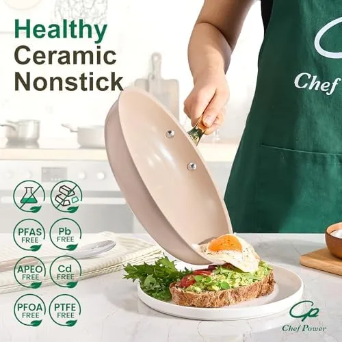 An egg being flipped in a ceramic fry pan with no sticking on the surface