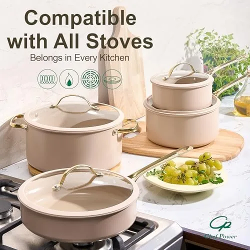 The ceramic set next to a traditional non stick pan and a stainless steel pan