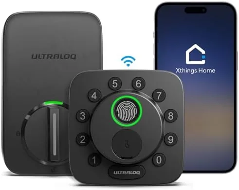 The ULTRALOQ Bolt SE smart lock mounted on a front door with its keypad lit