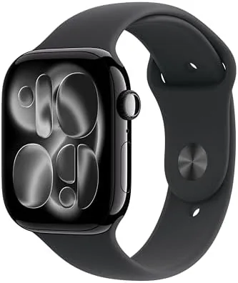 The Apple Watch Series 11 GPS 46mm in jet black aluminum with a black sport band
