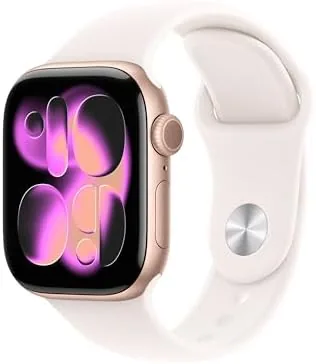Apple Watch Series 11 in Rose Gold with the Light Blush sport band on a wrist