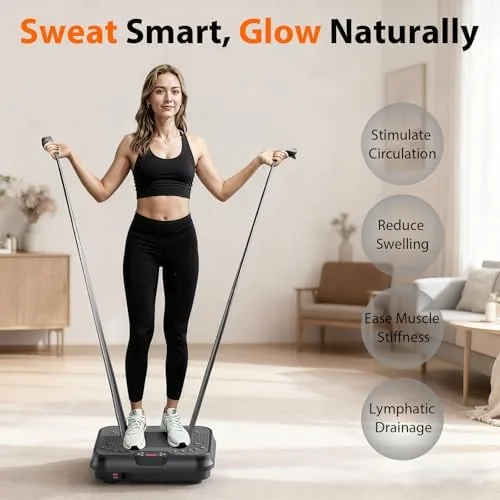 Person doing a resistance band row while standing on the vibration plate