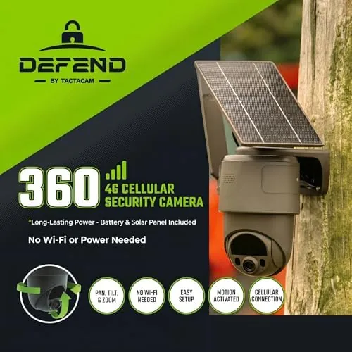 Detail shot of the TACTACAM Defend 360 Cellular Security Camera, Solar Power, No WiFi features