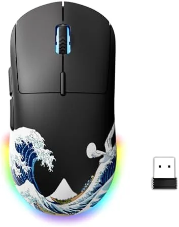 The G57 wireless gaming mouse with the 2.4G receiver and charging cable beside it