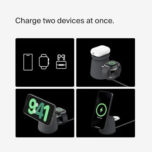 Detail shot of the Belkin Qi2 15W Wireless Charging Dock, 2 in 1 Fast features