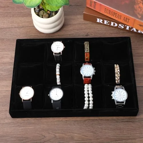 Another view of the 2 Pack 12 Grid Velvet Watch Tray Organizer with Removable
