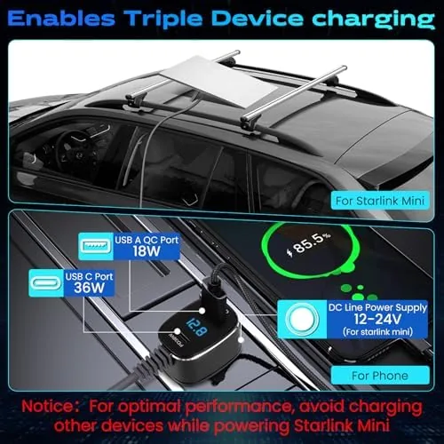 Detail shot of the Starlink Mini Car Charger Cable, 3-in-1 Cigarette Lighter Power Adapter features