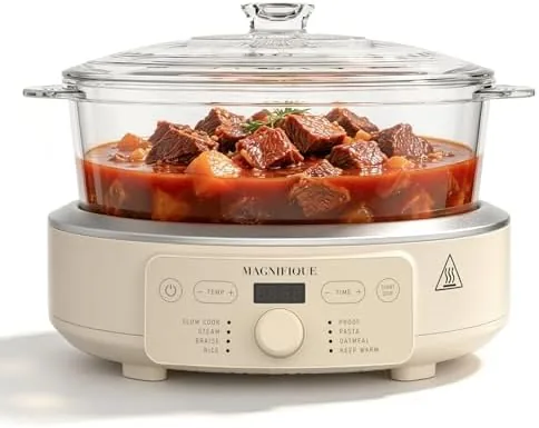 The 5 quart claypot multi cooker on a counter with the nonstick insert inside
