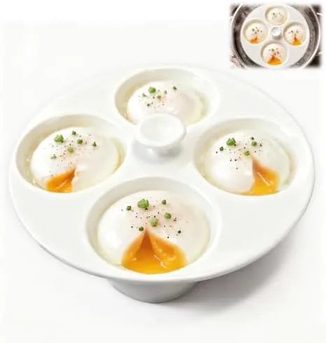 The ceramic egg poacher pan with four cups filled with eggs on a counter