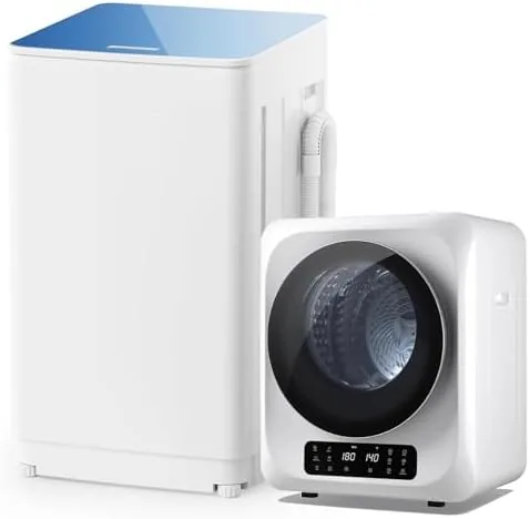 The portable washer and dryer combo set side by side in a small apartment corner