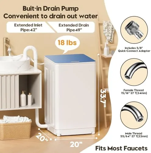 The washer connected to a bathroom faucet with the drain hose in the sink