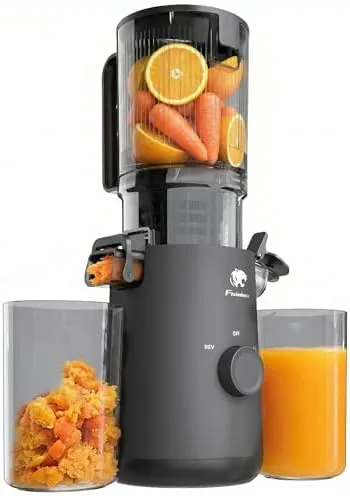 The cold press juicer assembled on a kitchen counter with fresh produce