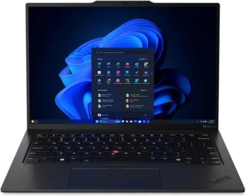 Closed X1 Carbon Gen 13 in a soft briefcase with a charger beside it