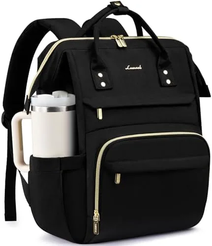 LOVEVOOK backpack in black standing upright with a laptop and tumbler beside it