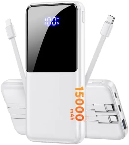 The white CFIAI 15000mAh power bank with its built in USB C cable visible