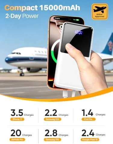 The CFIAI power bank charging a smartphone through its built in cable