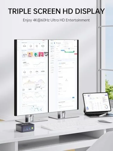 The GMKtec G10 compared with a desktop tower showing the size difference