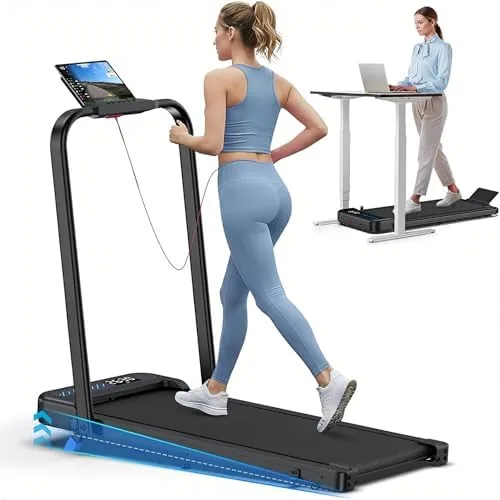 Cardirun walking pad folded open under a standing desk with the handle bar raised
