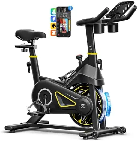 YPOO exercise bike fully assembled in a bright home workout room