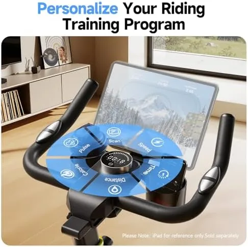YPOO exercise bike tucked into the corner of a tidy home gym setup