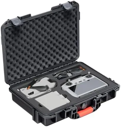 Waterproof hard shell case for the DJI Mini 4 Pro closed with latches secured
