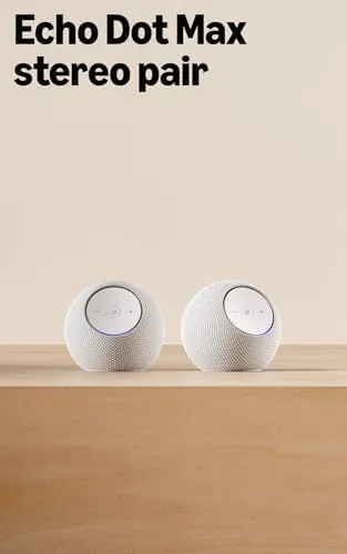 Two Glacier White Echo Dot Max speakers set up as a stereo pair in a living room