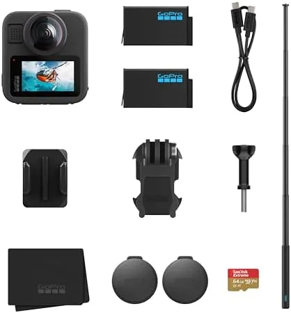 Close up of the dual lenses and sealed body of the GoPro MAX2