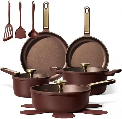 The full CAROTE 16 piece cookware set arranged on a countertop