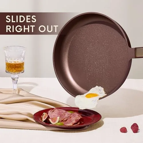 The cookware set nested and stacked to show the space saving design