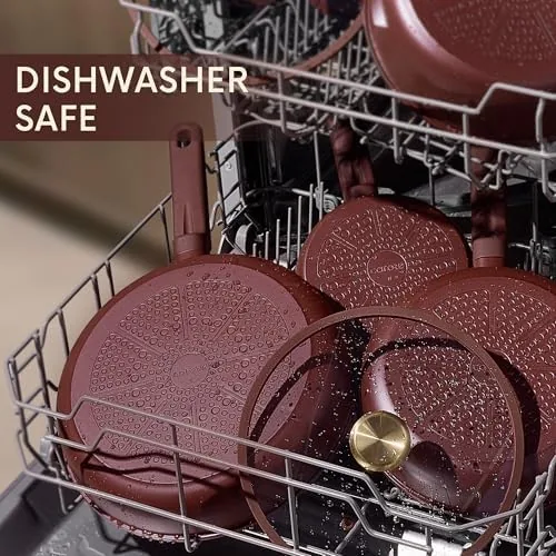 The CAROTE pans stacked in a dishwasher rack after a cleaning cycle