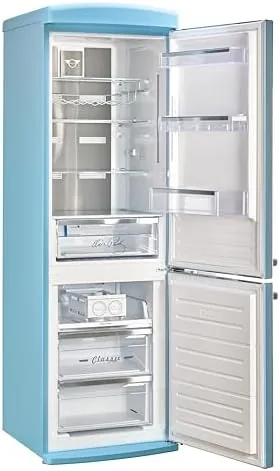 The open refrigerator compartment showing shelves, door bins, and a crisper drawer
