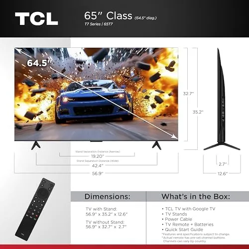 Close up of the TCL 65T7 thin bezel and the Google TV remote