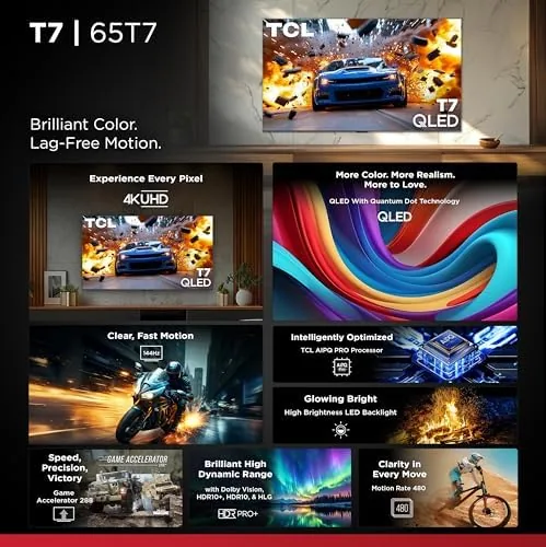Google TV home screen on the TCL 65T7 showing streaming app rows