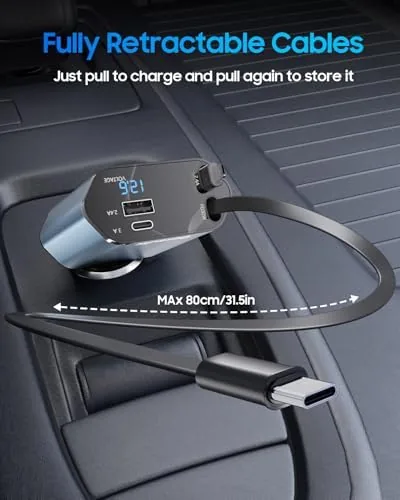 Detail shot of the Retractable Car Charger for iPhone 17, 69W USB C 4 features