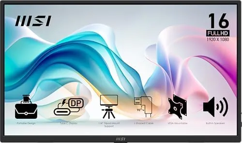 MSI Pro MP165 E6 portable monitor connected to a laptop on a desk