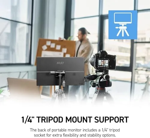 MSI portable monitor packed neatly into a backpack alongside a laptop
