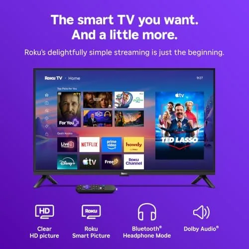 Detail shot of the Roku 32-Inch Select Series Smart TV 2026-720p HD TV features