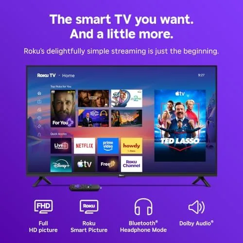 Roku home screen showing streaming channels and the settings menu