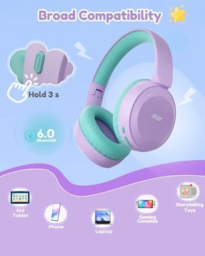 Acer wireless kids headphones next to a wired pair for comparison