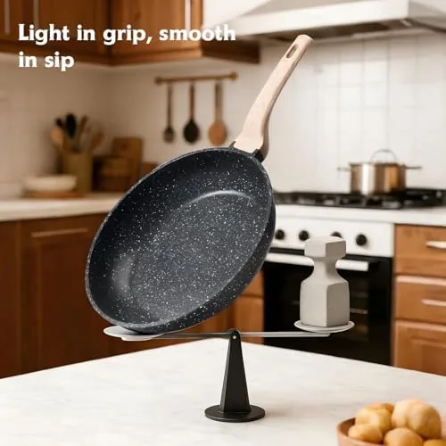 Close up of the stone-textured granite coating inside the skillet